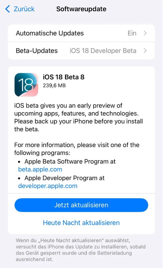 贵港苹果手机维修分享苹果 iOS / iPadOS 18 开发者预览版 Beta 8 发布 